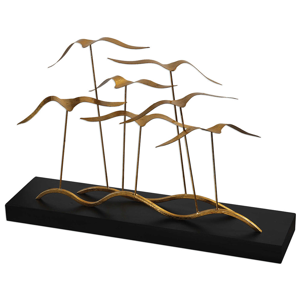 Abstract Gold Metal and Wood Seagulls Sculpture