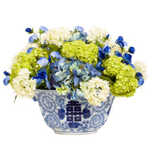 Silk Hydrangeas in Chinoiserie Bowl