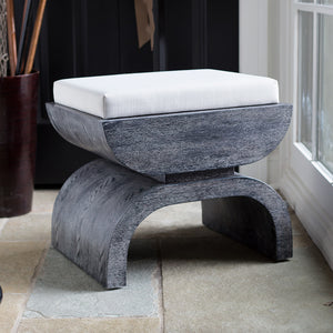 Worlds Away Biggs Oak Stool with White Linen Cushion - Black