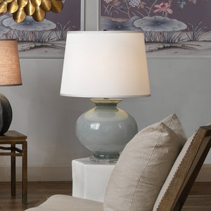 Heirloom Table Lamp in Cornflower Blue Glass with Large Open Cone Shade in White Silk