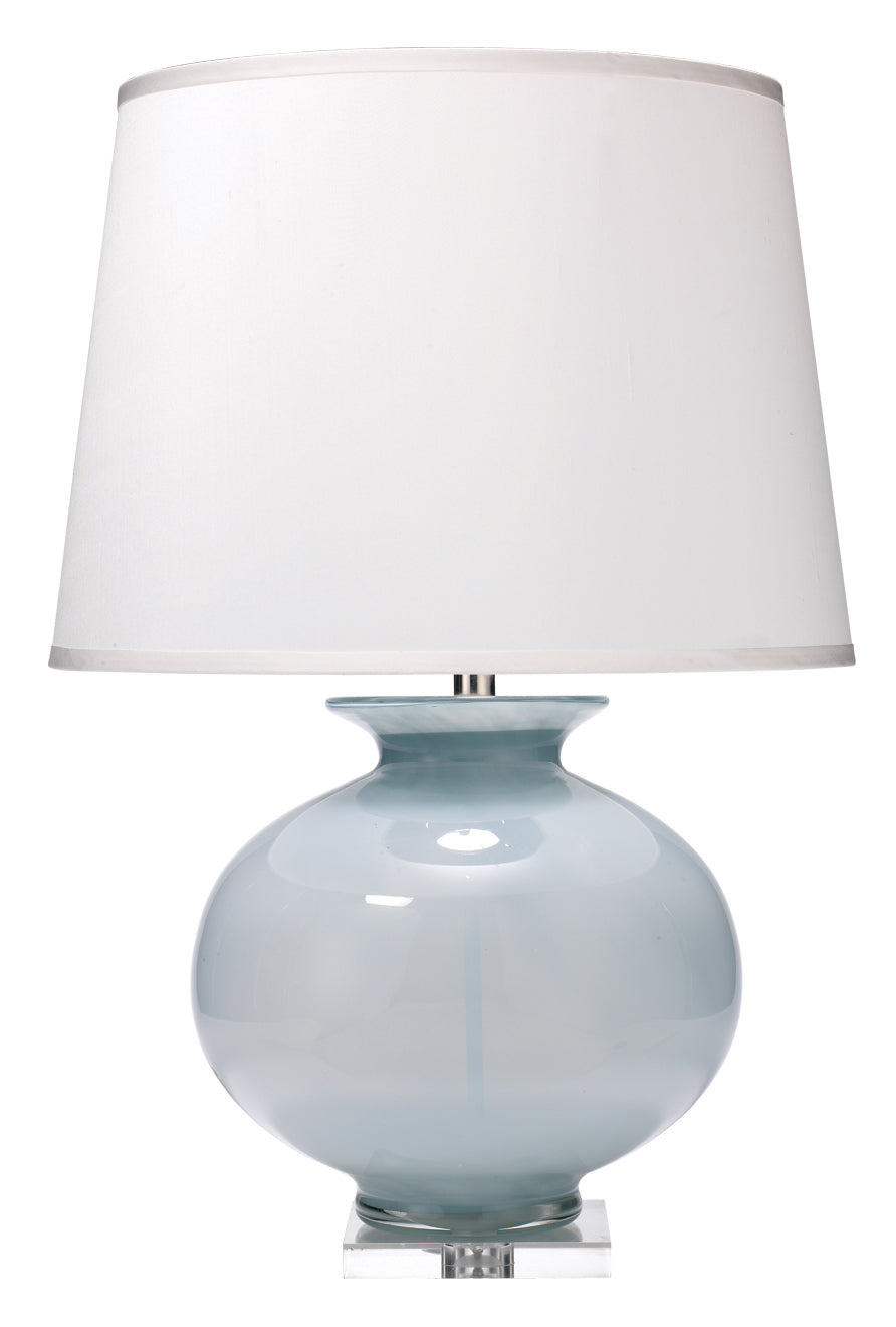 Heirloom Table Lamp in Cornflower Blue Glass with Large Open Cone Shade in White Silk