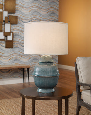 Ceramic Table Lamp with Drum Shade – Blue