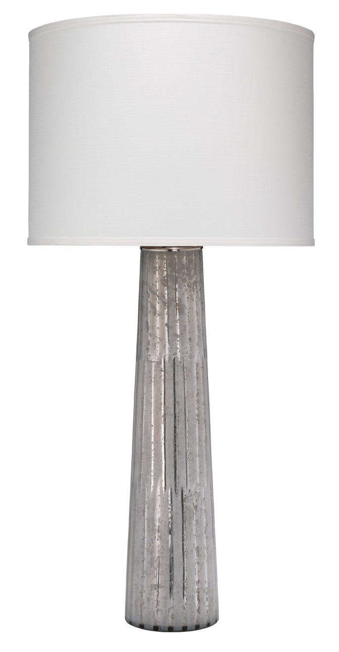 Striped Silver Pillar Table Lamp with Large Drum Shade in White Silk