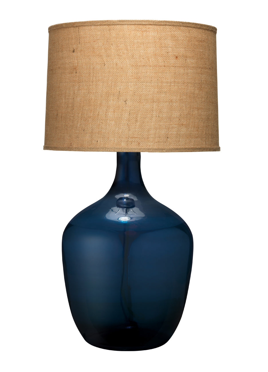 Plum Jar Table Lamp, Extra Large in Navy Blue Glass with Large Drum Shade in Natural Burlap