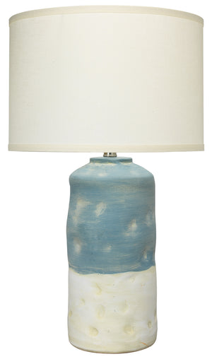 Sedona Table Lamp in Blue and White Ceramic with Medium Drum Shade in Sea Salt Linen