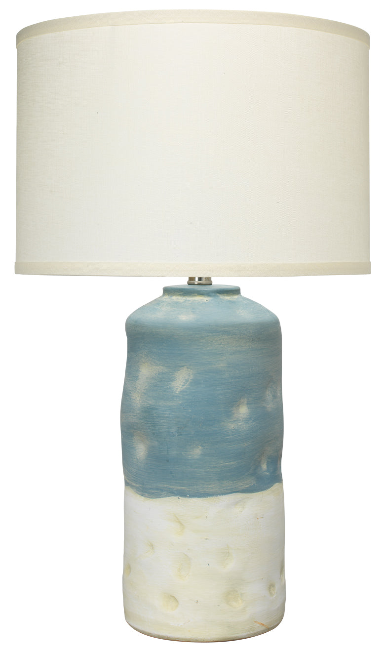 Sedona Table Lamp in Blue and White Ceramic with Medium Drum Shade in Sea Salt Linen