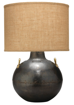 Two Handled Kettle Table Lamp in Iron with Classic Drum Shade in Natural Burlap