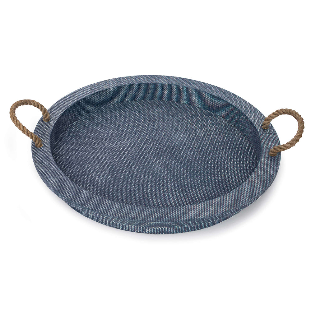 Regina Andrew Round Faux Rattan Tray with Jute Handles  - Indigo