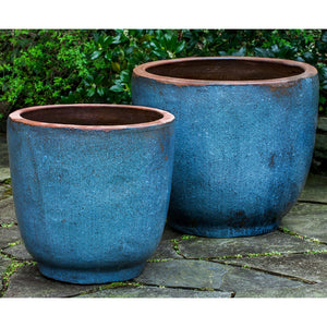 Rustic Blue Glazed Terra Cotta Jar Planters - Set of 2
