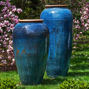 Tall Glazed Terra Cotta Jar Planter with Rolled Edge - Rustic Blue