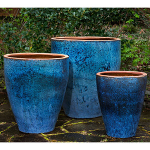 Rustic Blue Glazed Terra Cotta Tapered Planters - Set of 3
