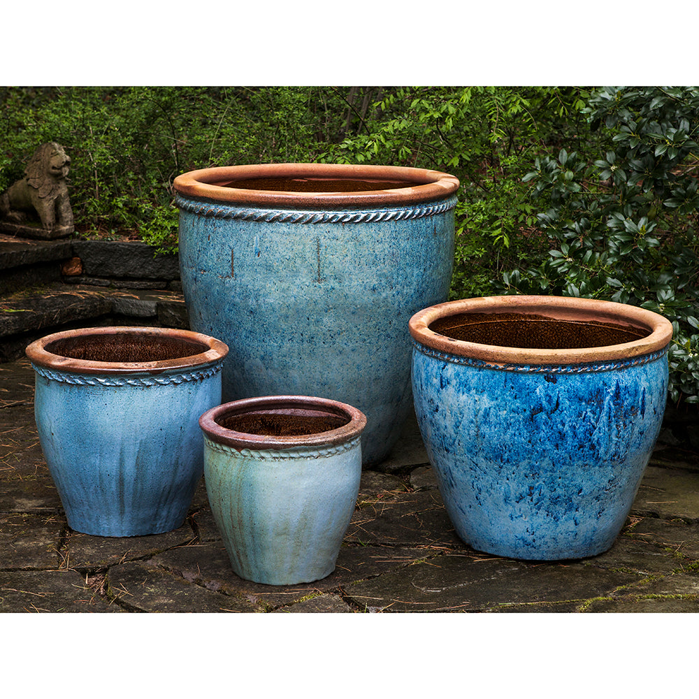 Large Rustic Blue Planters with Rope Detail - Set of 4