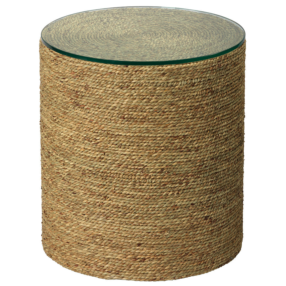 Twisted Sea Grass Round Side Table with Glass Top