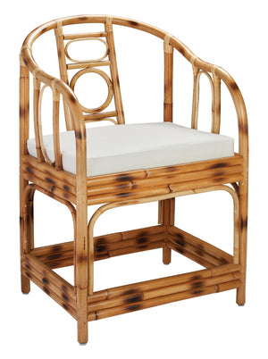 Malacca Round Back Arm Chair in Burnt Tortoiseshell Rattan with Off White Cushion