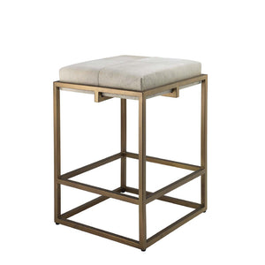 Shelby Metal & Hide Counter Stool – White Hide & Antique Brass