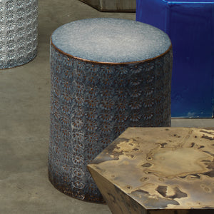 Wildflower Patterned Ceramic Accent Table – Dark Blue & Grey