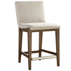 Modern Birch Wood Counter Stool — Neutral Linen Fabric