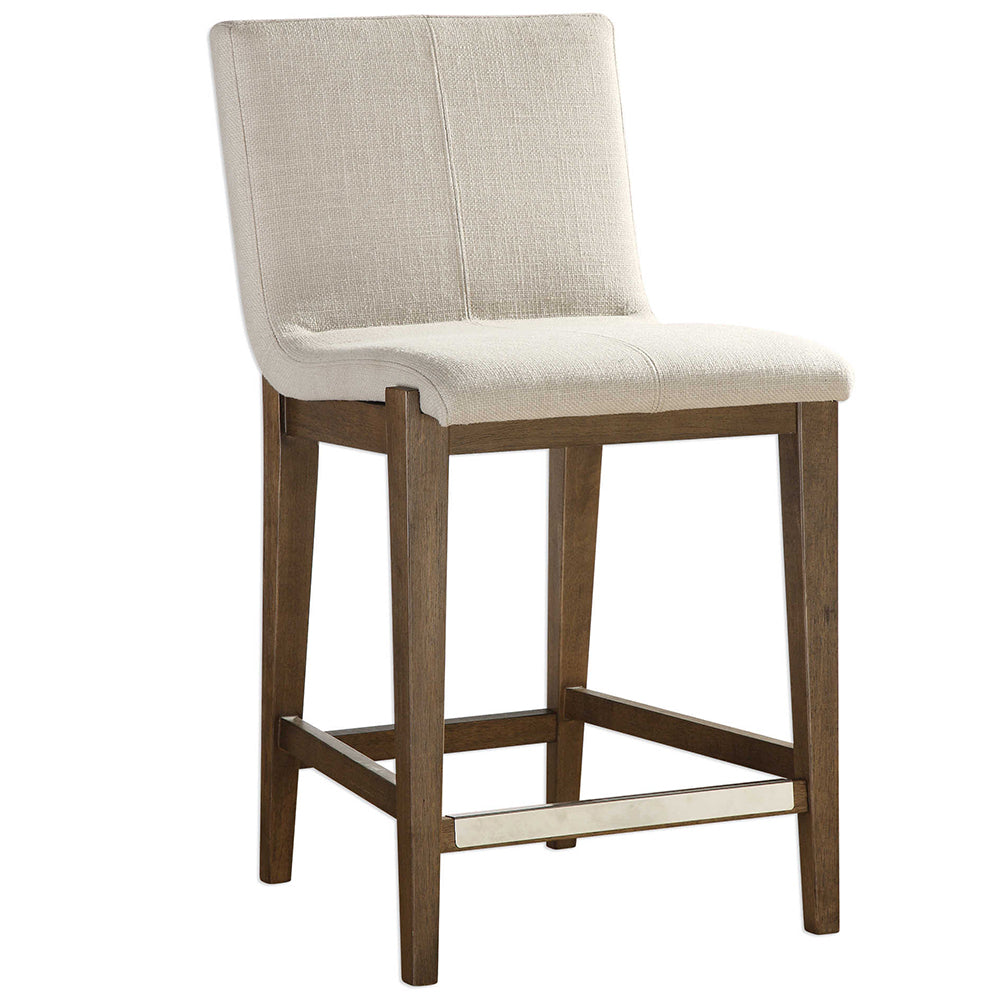 Modern Birch Wood Counter Stool — Neutral Linen Fabric