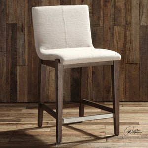 Modern Birch Wood Counter Stool — Neutral Linen Fabric