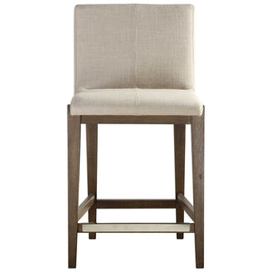 Modern Birch Wood Counter Stool — Neutral Linen Fabric