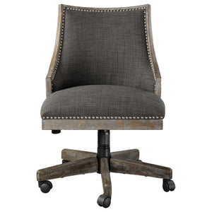 Charcoal Linen Upholstered Swiveling Desk Chair with Nailhead Trim