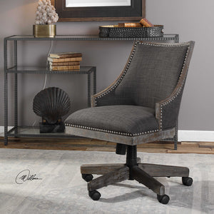 Charcoal Linen Upholstered Swiveling Desk Chair with Nailhead Trim