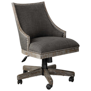 Charcoal Linen Upholstered Swiveling Desk Chair with Nailhead Trim