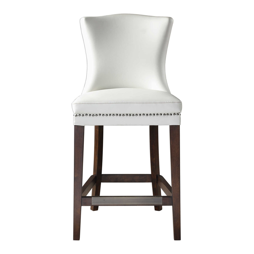 Faux Leather Counter Stool with Nailhead Trim – Off White & Dark Walnut
