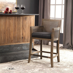 High Back Cane Sided Counter Stool with Grey Upholstery