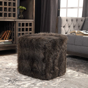 Plush Faux Fur Ottoman - Charcoal Brown