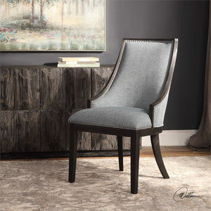 Curved Back Accent Chair in Light Denim with Brass Nailhead Trim