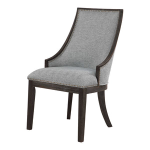 Curved Back Accent Chair in Light Denim with Brass Nailhead Trim