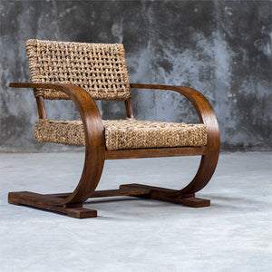Teak Veneer Curved Frame Chair with Woven Fiber Seat