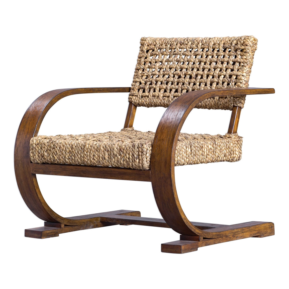 Teak Veneer Curved Frame Chair with Woven Fiber Seat