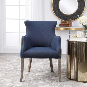 Contemporary Wingback Chair with Nailhead Trim - Blue Linen