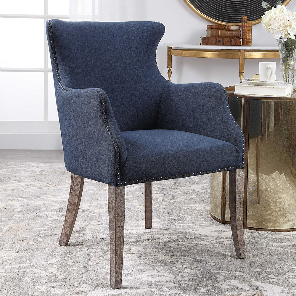 Contemporary Wingback Chair with Nailhead Trim - Blue Linen - Scenario Home