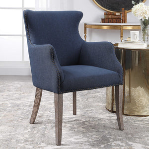 Contemporary Wingback Chair with Nailhead Trim - Blue Linen