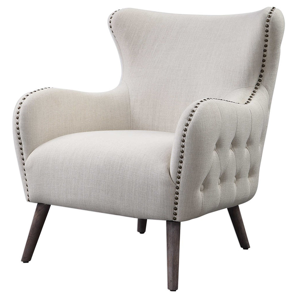 Tufted Linen Wingback Chair with Nailhead Trim - Cream