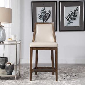 Faux Pebbled Leather Counter Stool with Solid Wood Frame