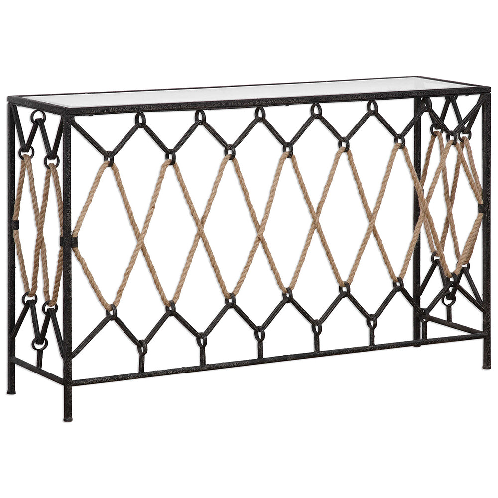 Iron & Nautical Rope Console Table with Glass Top