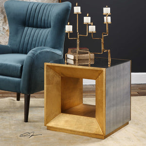 Modern Gold Leaf Cube Table with Mirror Top