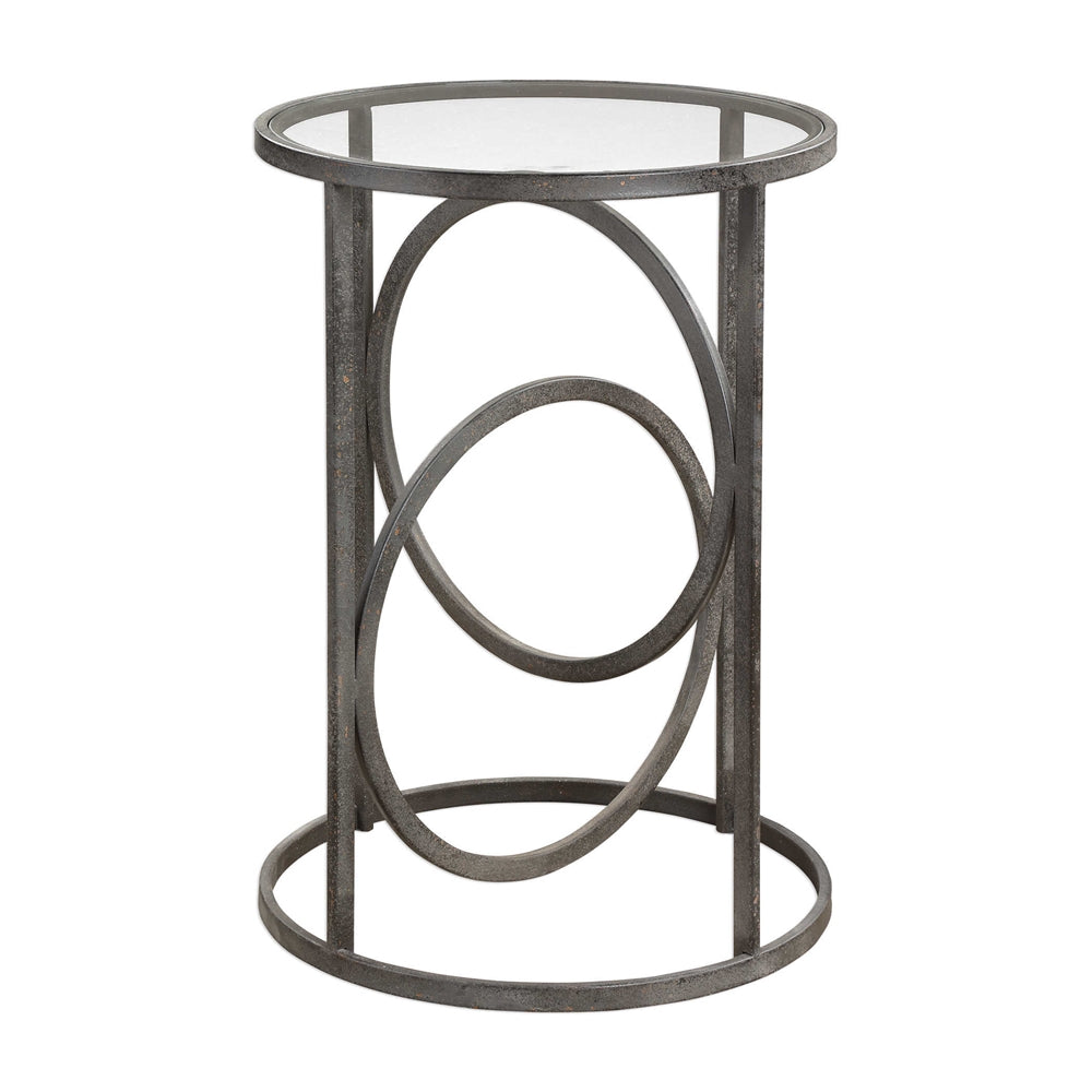 Interlocking Rings Forged Iron Accent Table with Glass Top