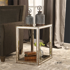 Open Frame Wooden Side Table with Antique Mirror Insets