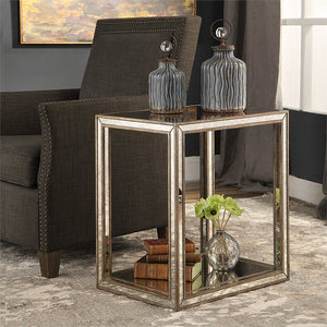 Open Frame Wooden Side Table with Antique Mirror Insets