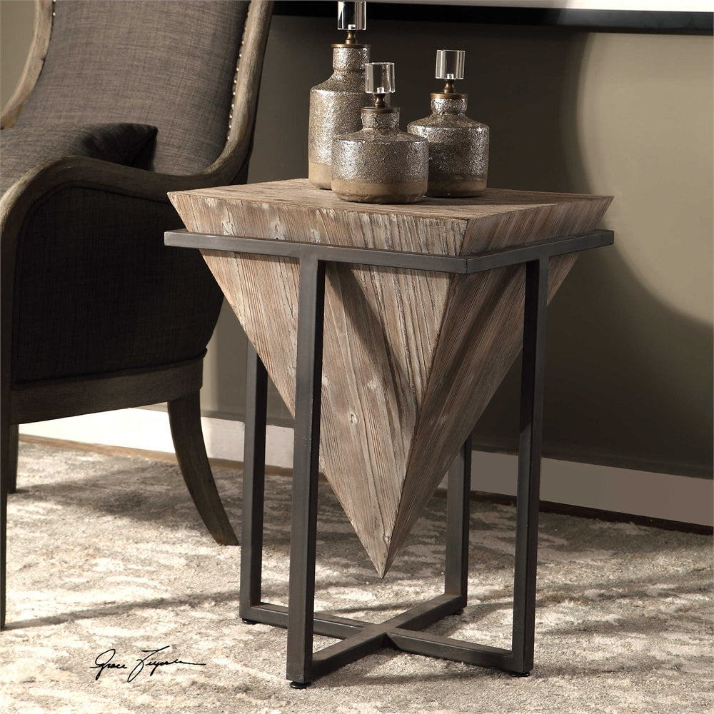 Inverted Wooden Pyramid Accent Table – Wrought Iron & Fir - Scenario Home