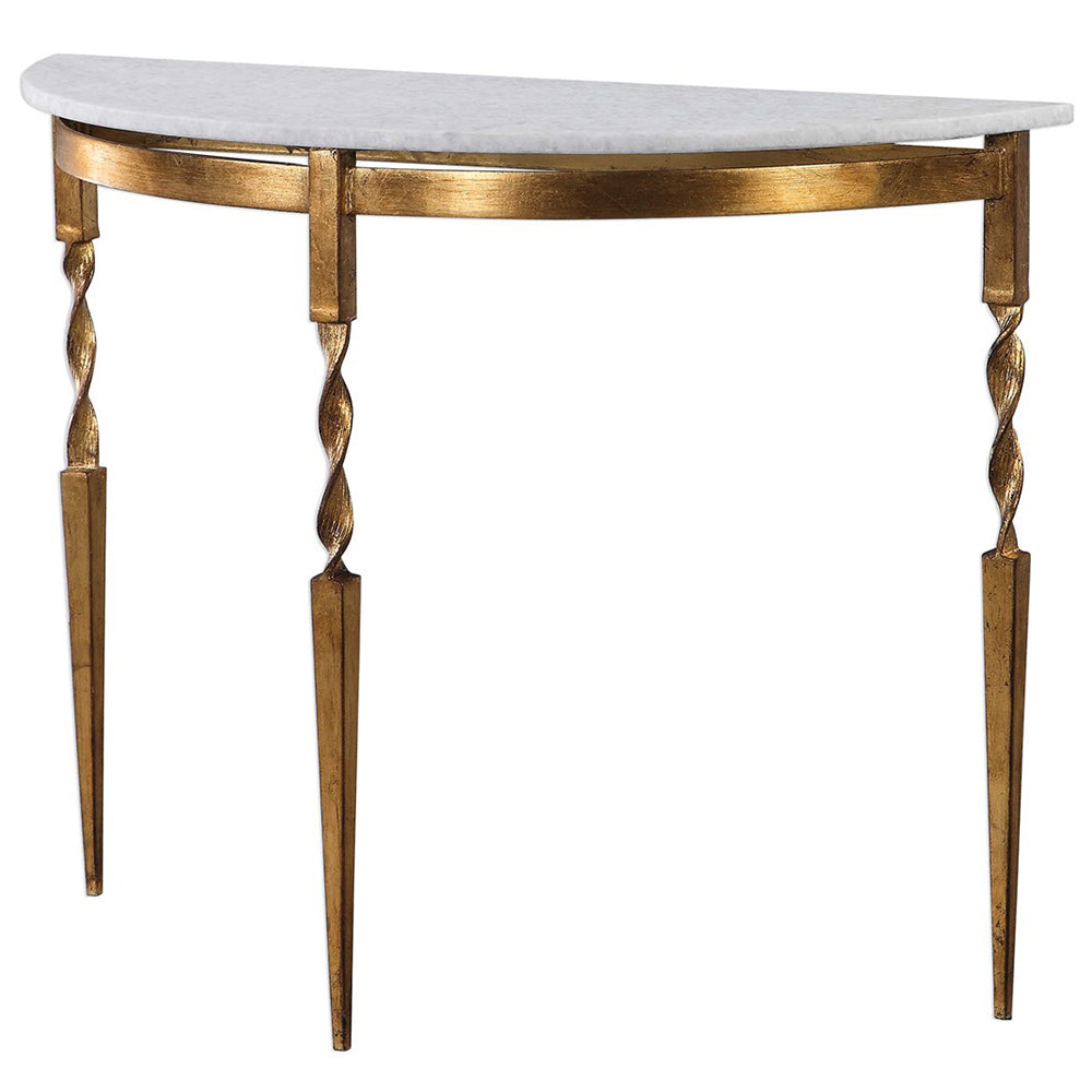 Antique Gold Demilune Console Table with Marble Top