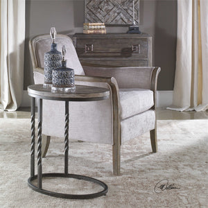 Rustic Cantilevered Accent Table – Wrought Iron & Acacia