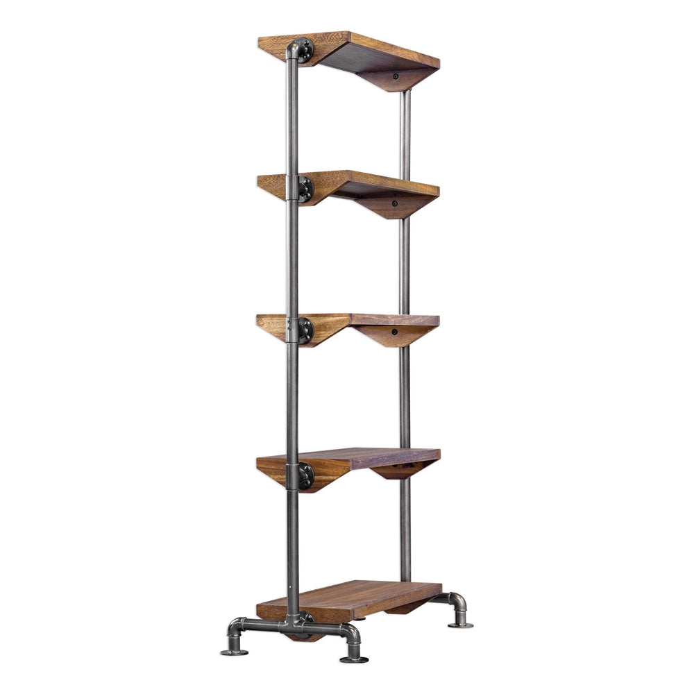 Industrial Acacia Wood & Iron Pipe 5-Shelf Etagere