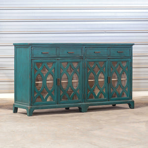Four Door Cabinet with Lattice Work & Glass Panels