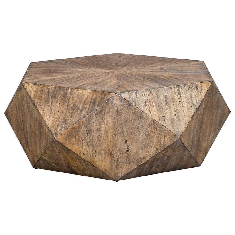 Multifaceted Hexagonal Mango Wood Coffee Table – Honey